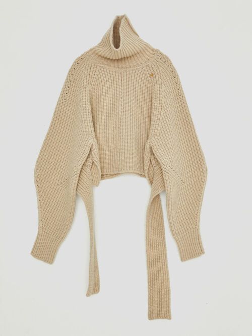 Chunky Wool Roll Neck Cropped Belted Sweater Recto